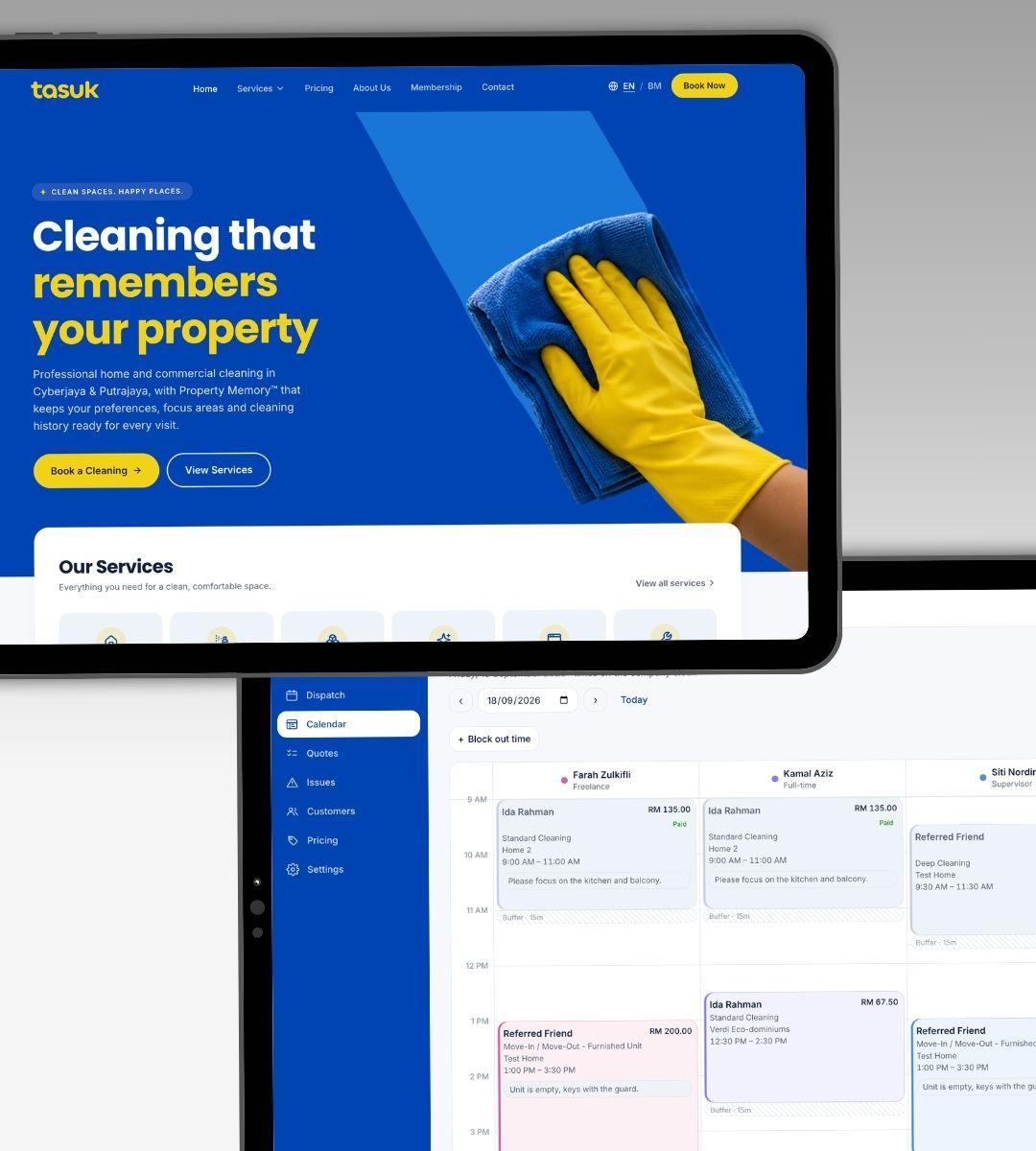A tablet showing the Tasuk website, and behind it a screen holding the dispatch calendar, where each cleaner has a column of the jobs booked into their day.