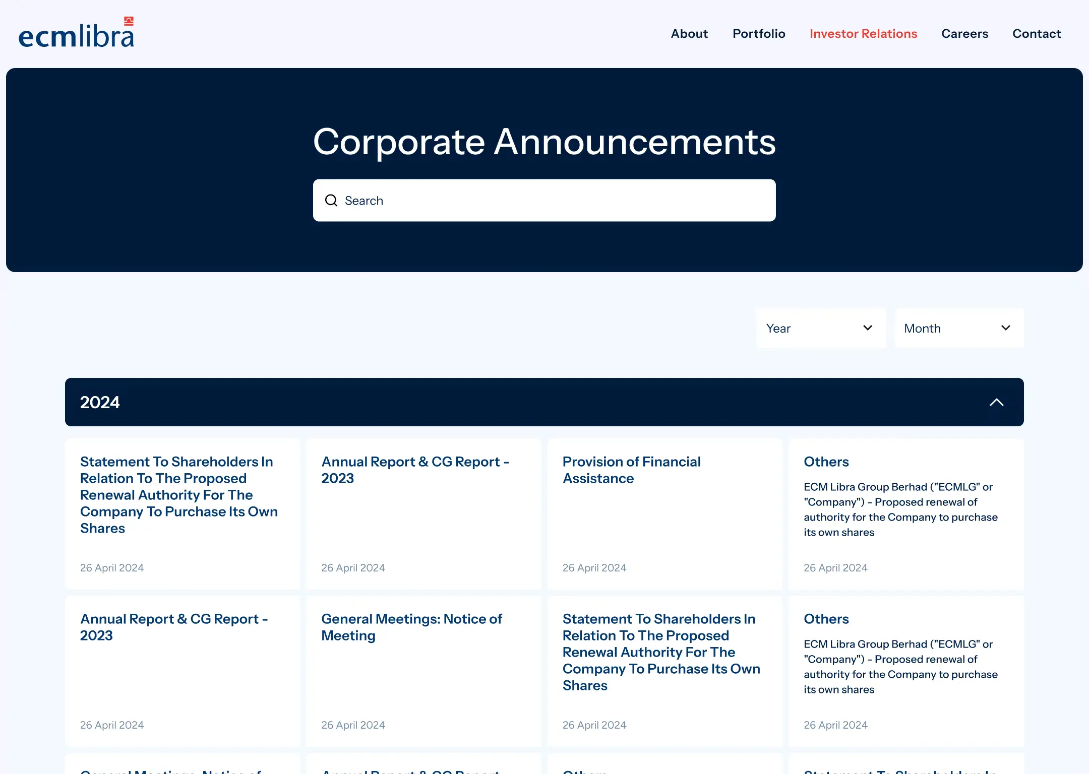 The ECM Libra Corporate Announcements page: a navy banner with a search box, year and month filters, and a grid of announcement cards dated 26 April 2024.