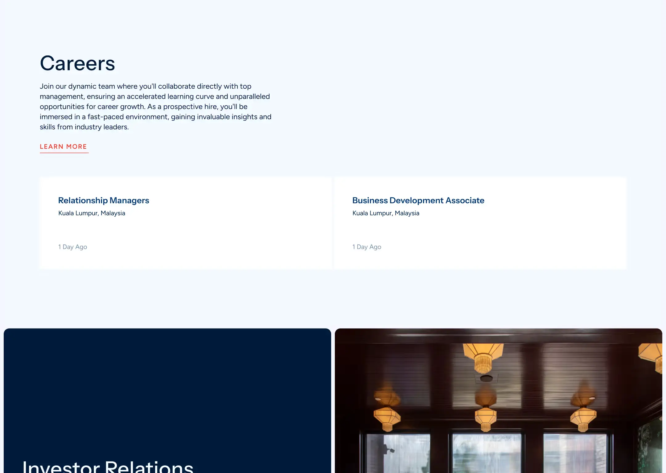 The Careers section of the ECM Libra site: a paragraph about joining the team, a Learn more link, two job listings in Kuala Lumpur, and the top of the Investor Relations panel beside a photograph of hotel lamps.