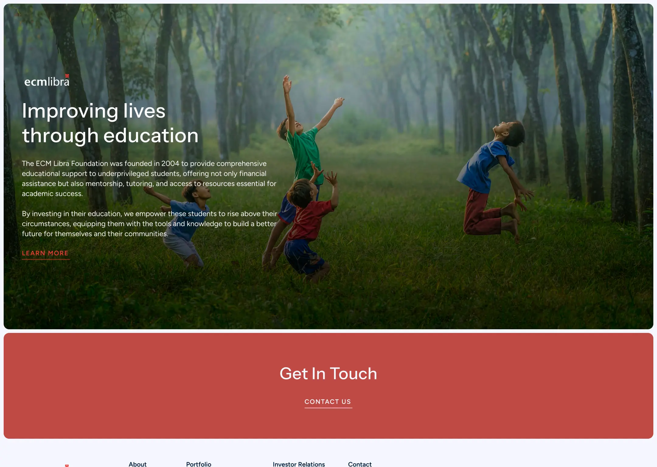 The ECM Libra Foundation section: children playing among trees beneath the headline “Improving lives through education”, above a red Get In Touch panel.