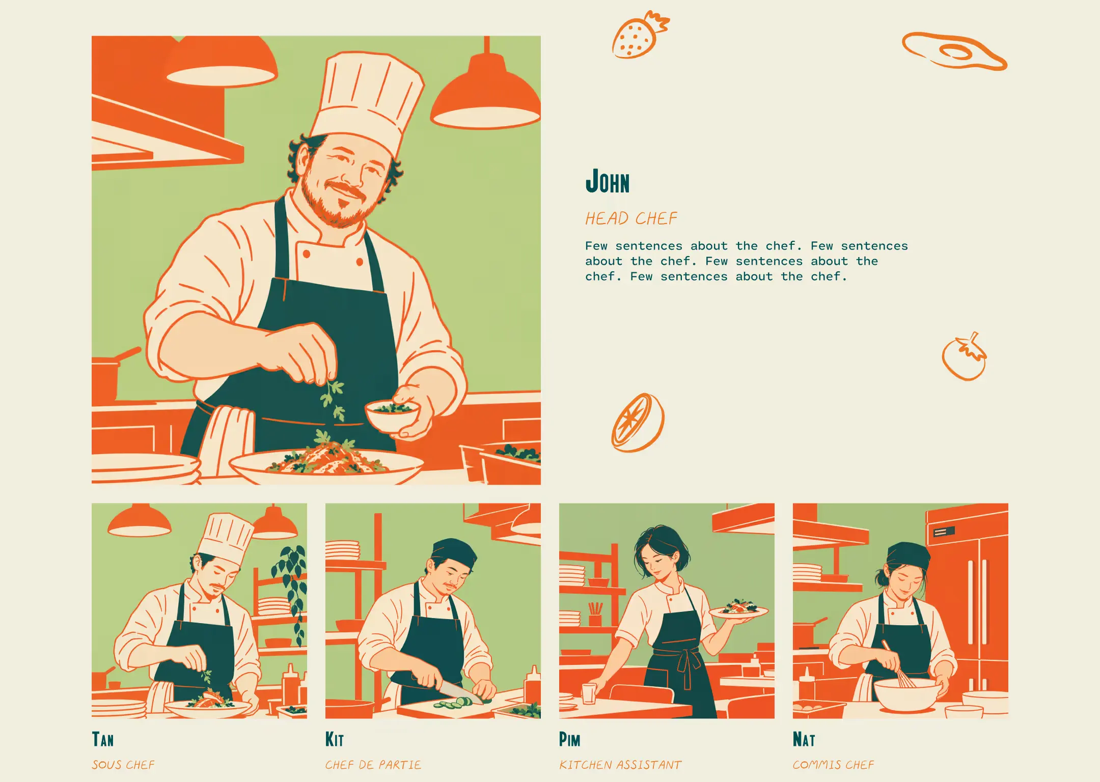 The kitchen team section of the Mingle site: an illustrated head chef beside a short profile, above four illustrated portraits of the sous chef, chef de partie, kitchen assistant and commis chef.