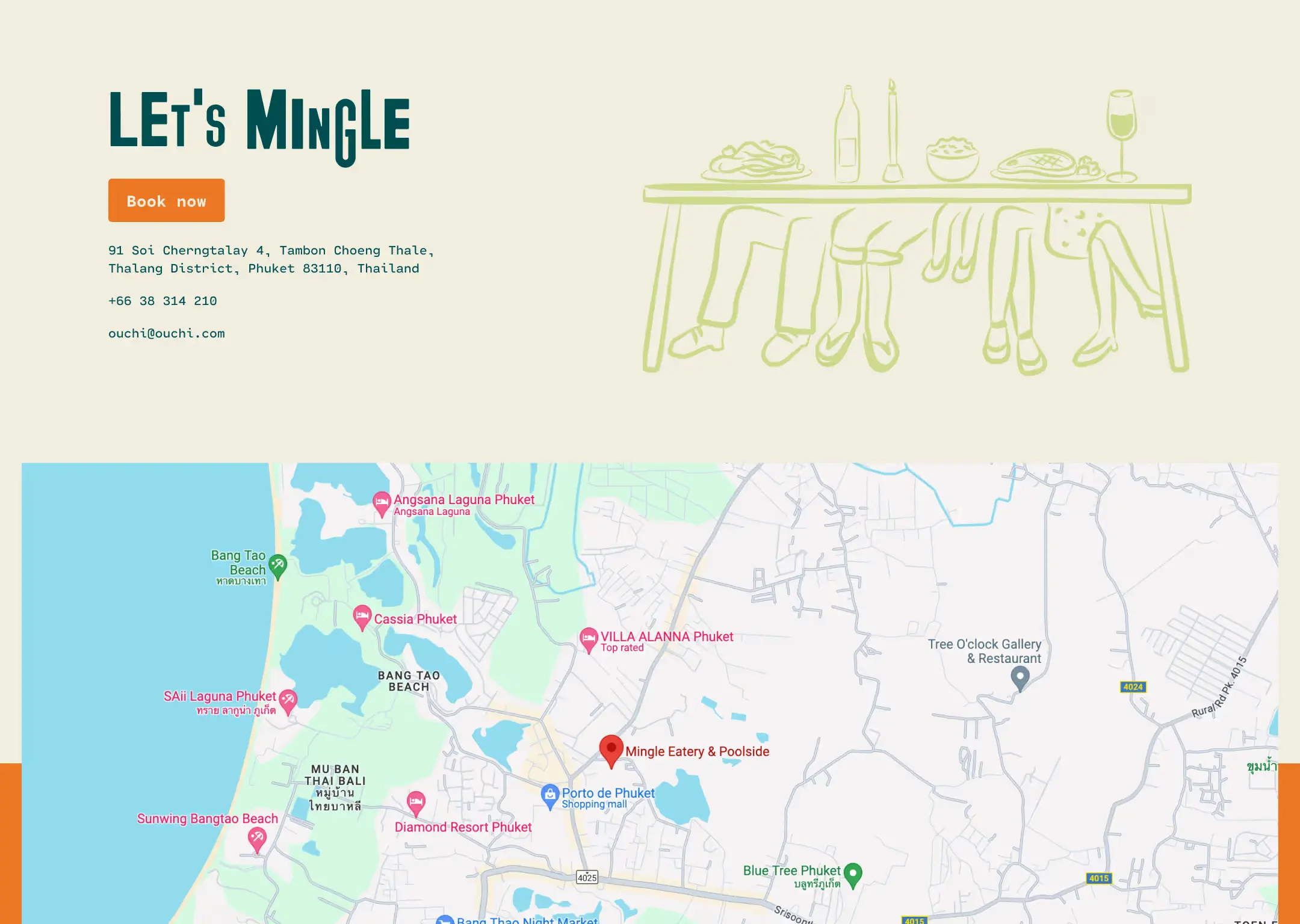 The Let’s Mingle contact section: a Book now button with the restaurant’s address, phone and email beside a line drawing of a laid table, above a map showing its location in Phuket.