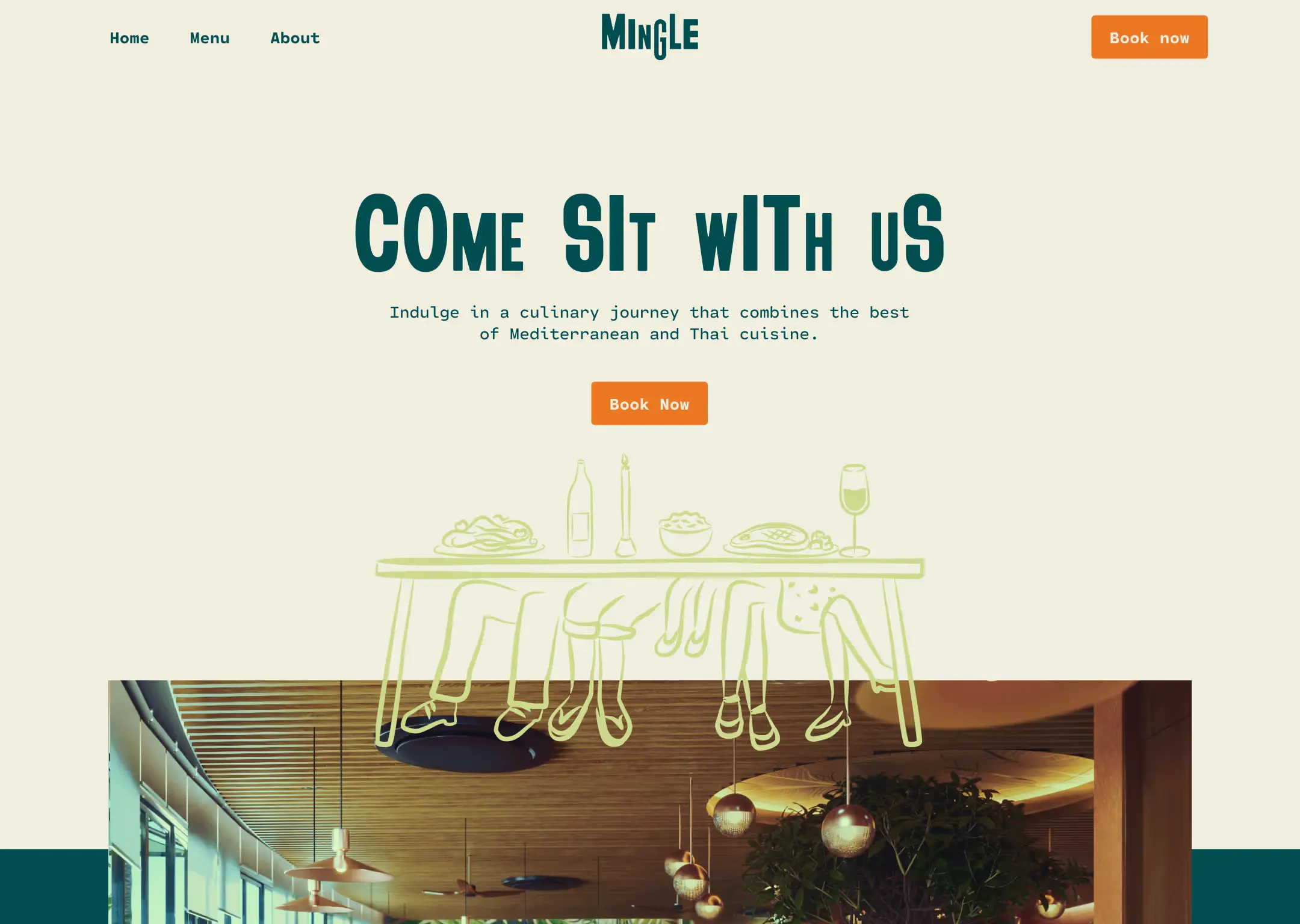 The top of the Mingle homepage: the logo and menu above the headline “Come sit with us”, a Book Now button and a line drawing of people seated at a long table, with a photograph of the dining room beginning beneath it.