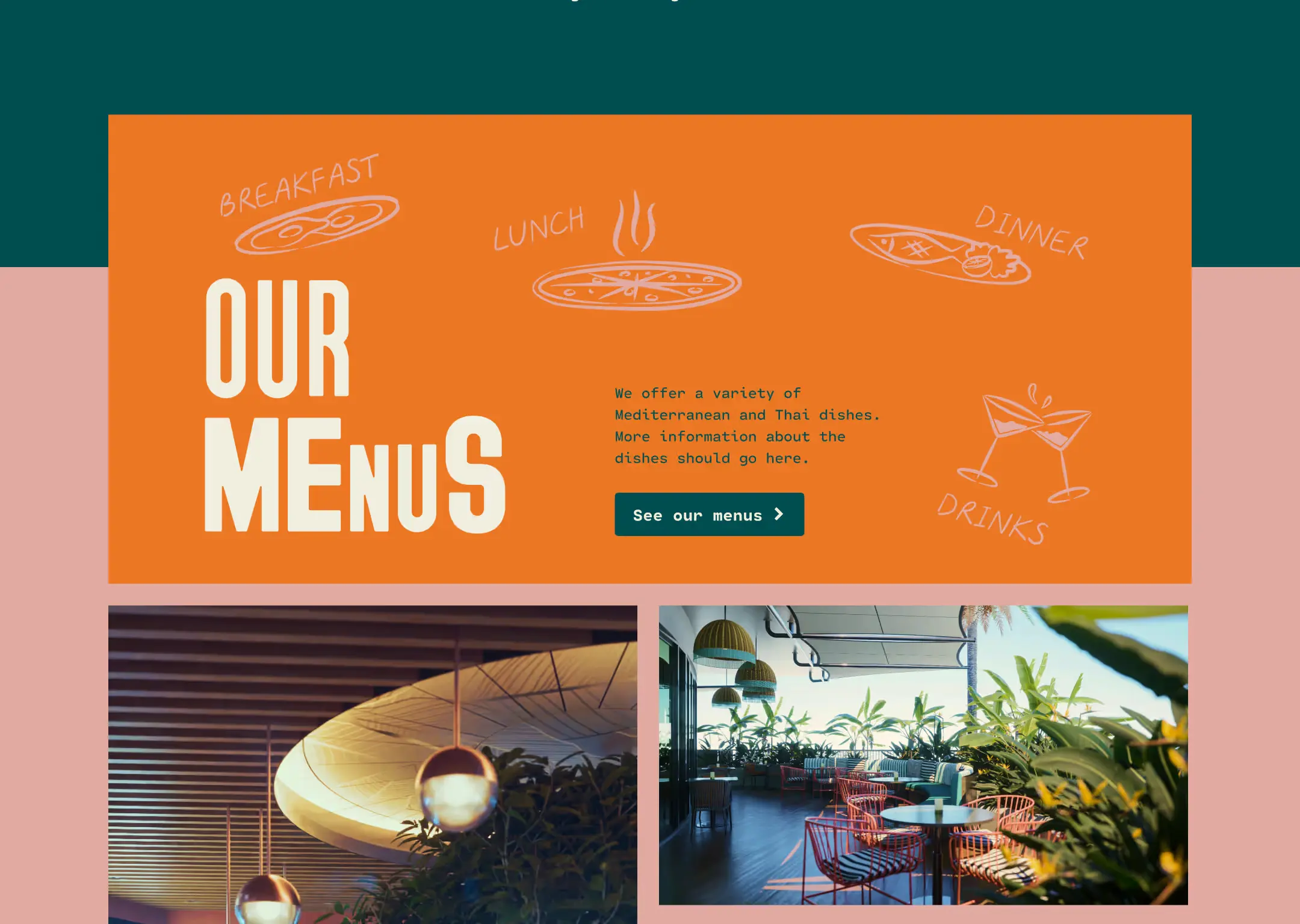 The Our Menus section of the Mingle site: an orange panel with hand-drawn breakfast, lunch, dinner and drinks illustrations and a See our menus button, above two photographs of the restaurant’s interior and terrace.