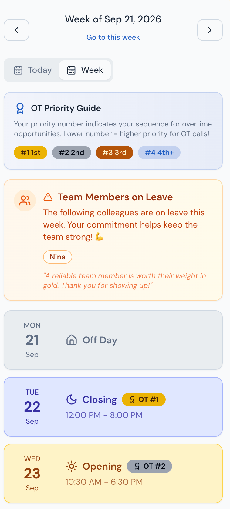 Operiq on a phone: a therapist’s week, with a guide to their overtime priority, a notice of which colleague is on leave, and each day listed as off, closing or opening with its hours and overtime number.
