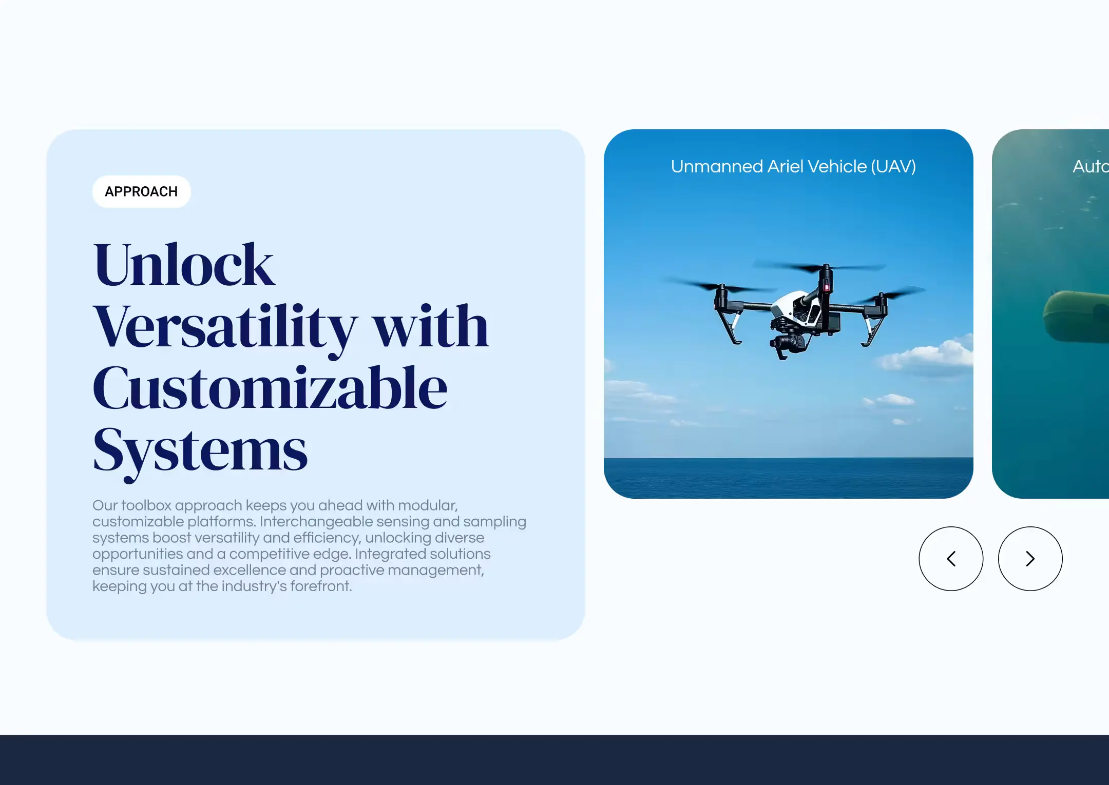 The Approach section of the Gaia Marine site: the headline “Unlock Versatility with Customizable Systems” beside a carousel of vehicles, starting with an unmanned aerial vehicle.