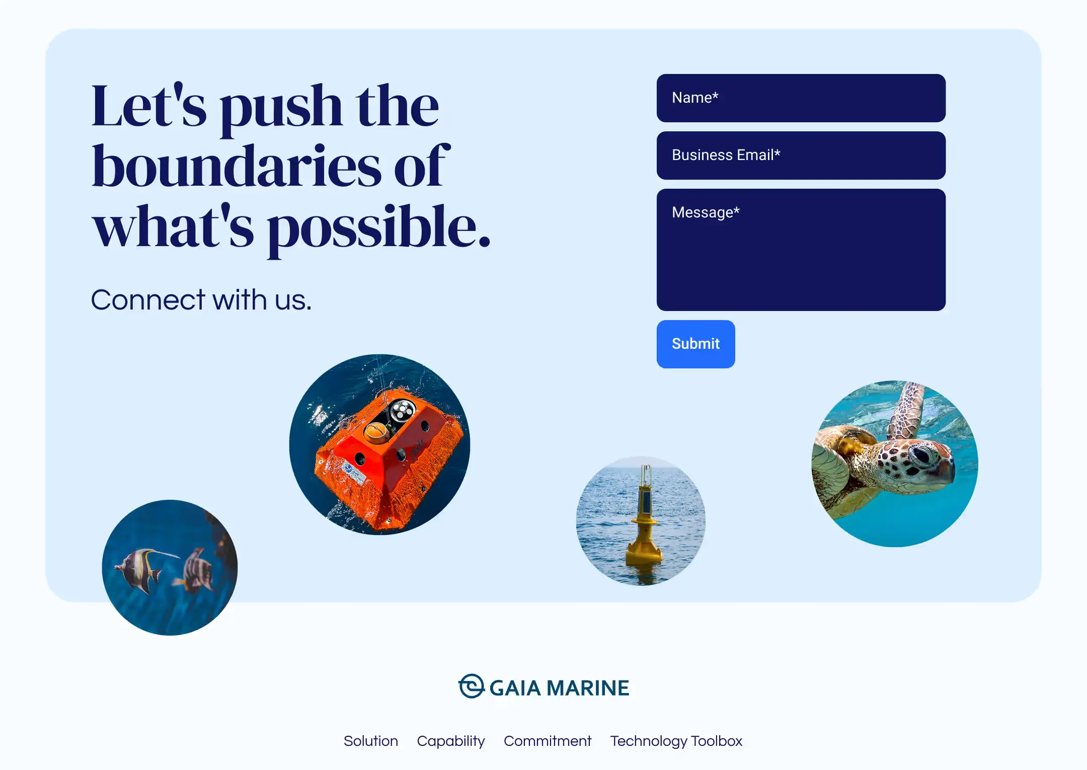 The Gaia Marine contact section: the headline “Let’s push the boundaries of what’s possible.” beside a contact form, with circular photographs of a buoy, a sea turtle and fish, above the footer.