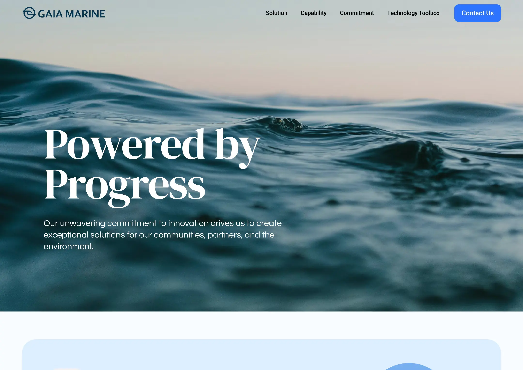 The top of the Gaia Marine homepage: the logo and menu over a photograph of dark ocean water, with the headline “Powered by Progress”.