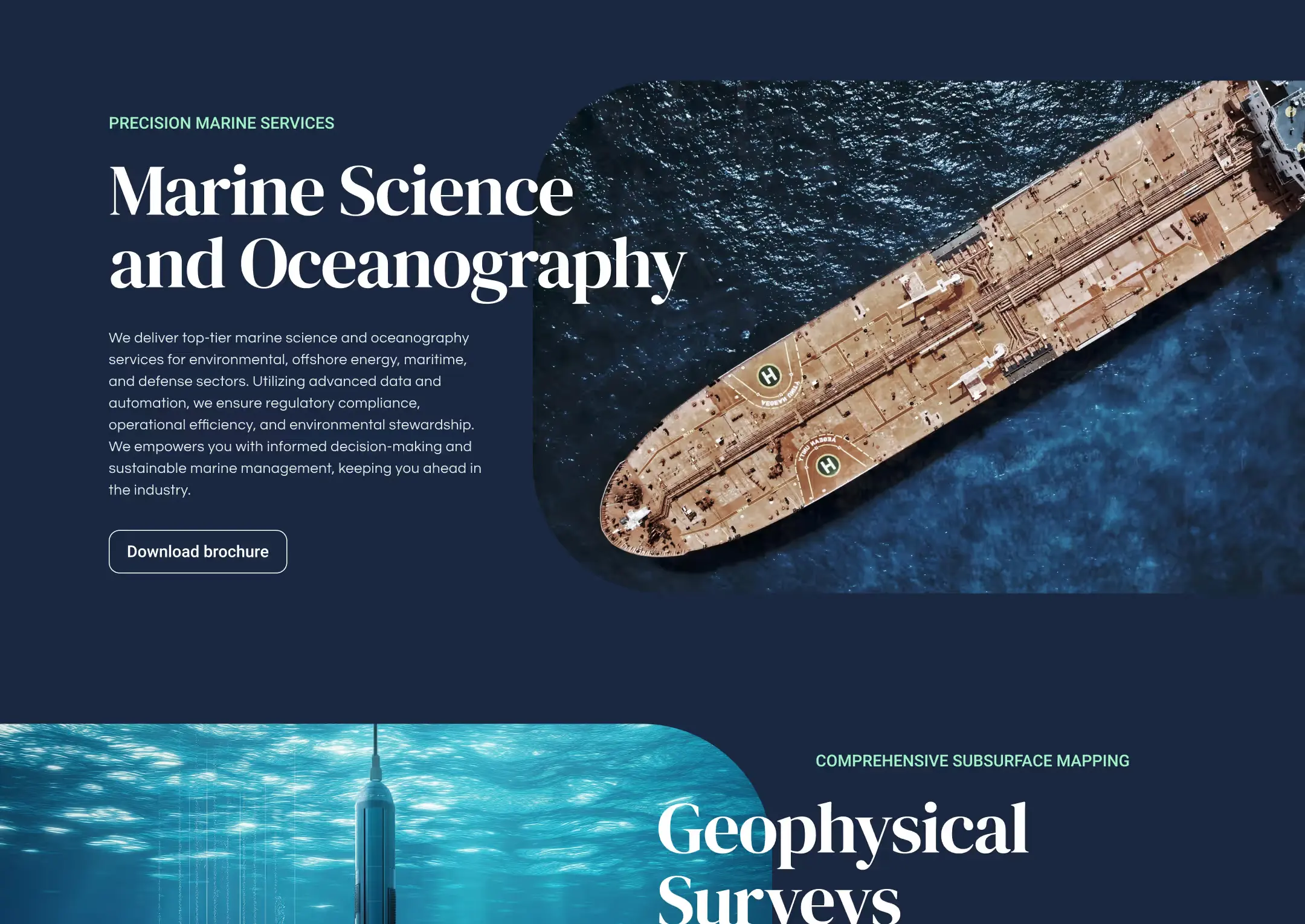 The services section of the Gaia Marine site: Marine Science and Oceanography beside an aerial photograph of a tanker, then Geophysical Surveys over an underwater photograph.