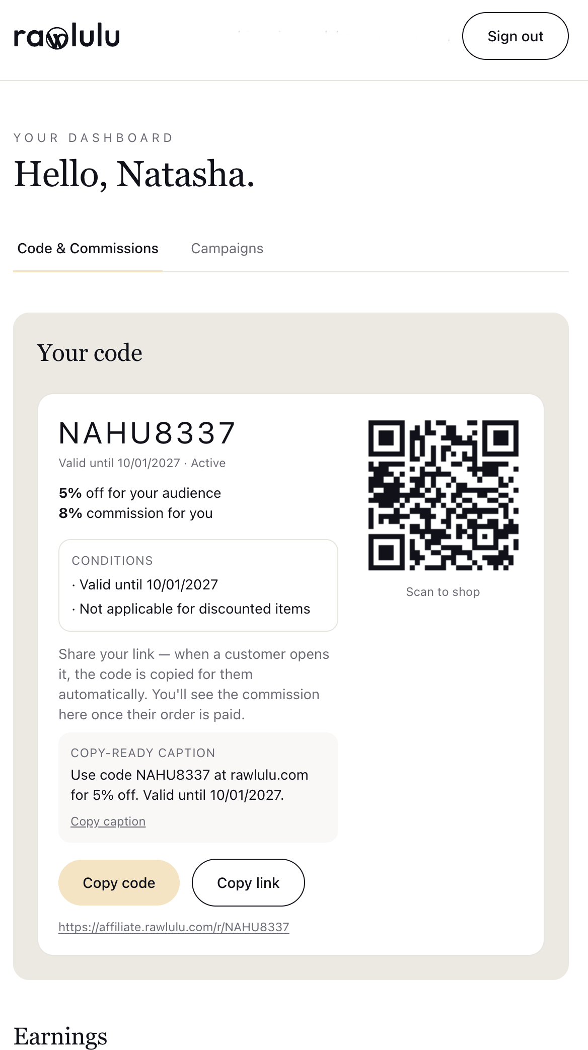 The Rawlulu creator dashboard on a phone: the creator’s own discount code with its expiry, discount and commission rate, the conditions that apply, a QR code to scan to shop, a copy-ready caption, and buttons to copy the code or the referral link.