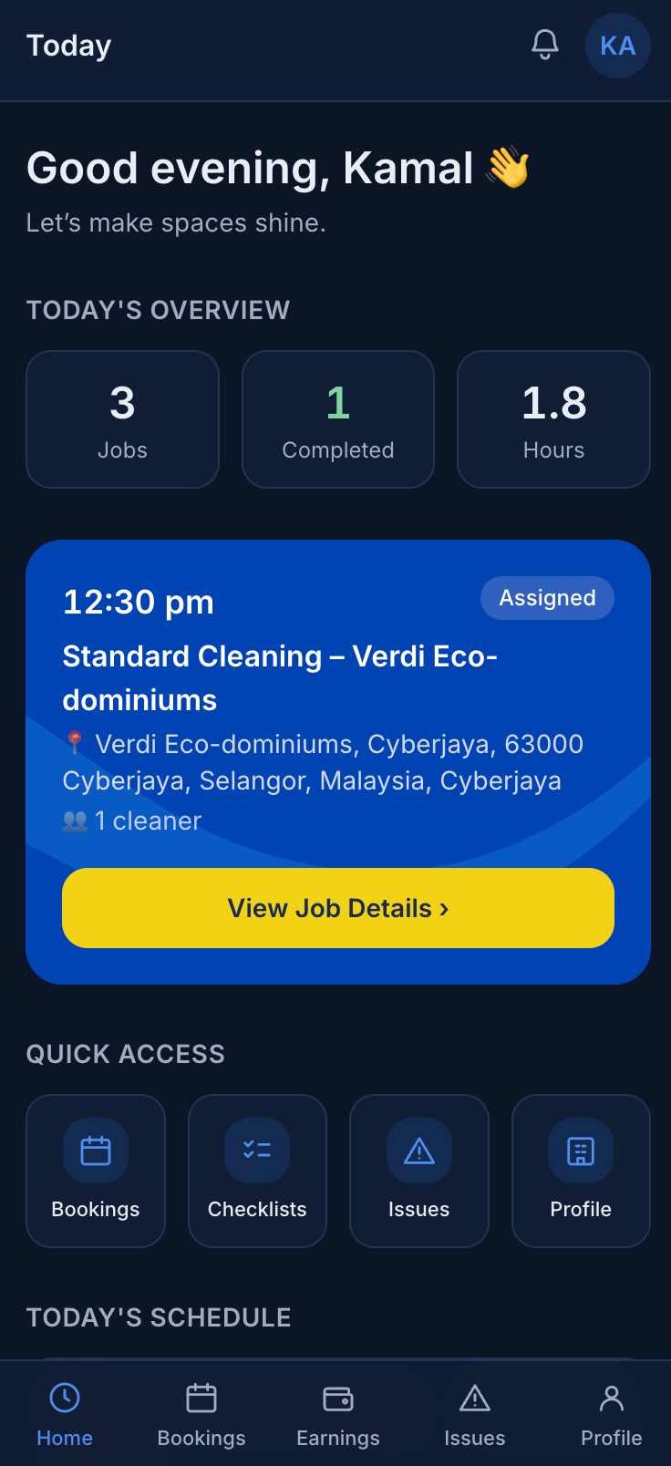 The Tasuk cleaner app on a phone: a greeting, today’s count of jobs, jobs completed and hours, the next job with its time, service, address and crew size and a button to view the job details, and shortcuts to bookings, checklists, issues and profile.