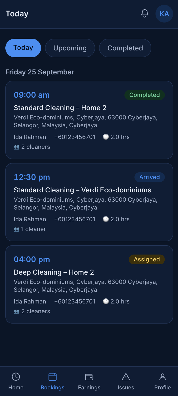 A cleaner’s bookings for today on a phone: each job with its time, service and property, the address, the customer’s name and number, the length of the job, how many cleaners are on it, and its status — completed, arrived or assigned.