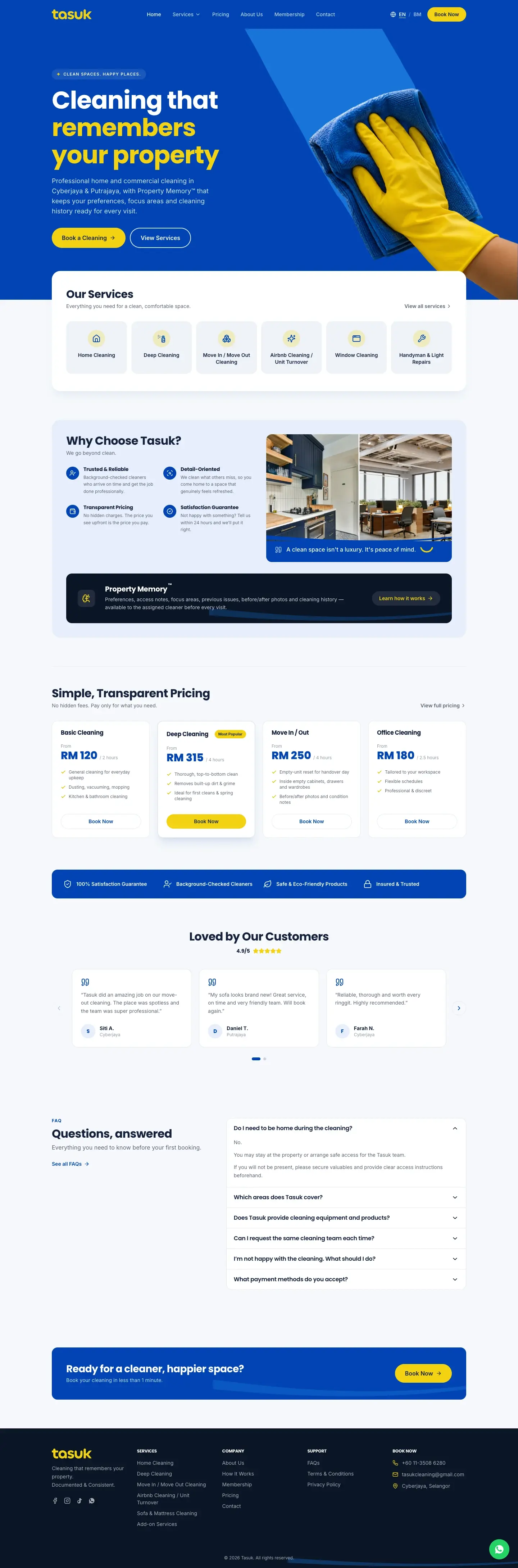 The Tasuk Cleaning homepage in full: a blue hero reading “Cleaning that remembers your property” beside a yellow-gloved hand wiping with a cloth, a row of six services, a “Why choose Tasuk?” panel with a Property Memory band, four pricing cards, customer reviews, questions and answers, and a closing booking band above the footer.