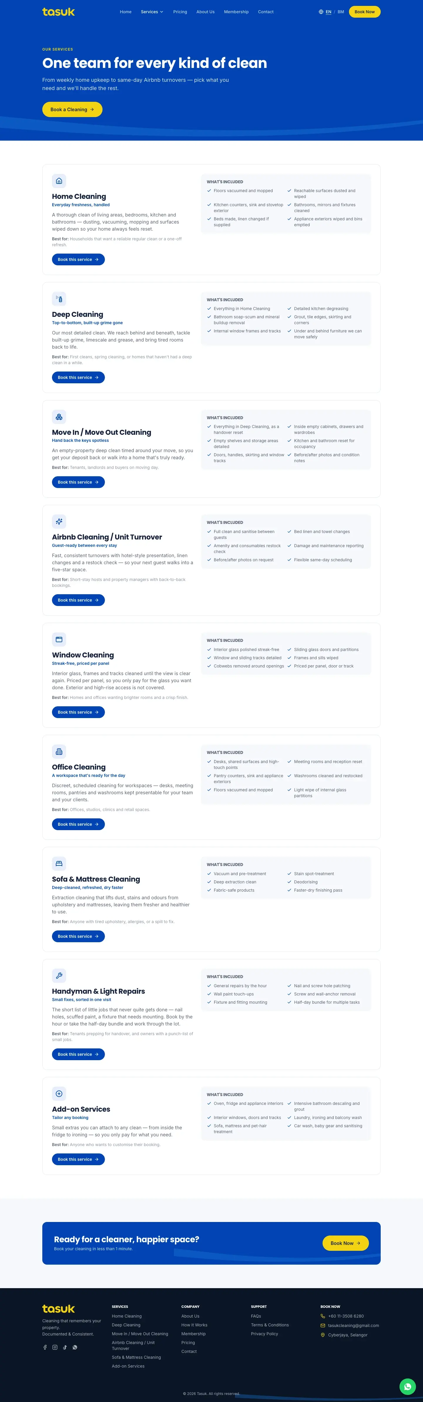 The Tasuk Cleaning services page in full: a blue heading band reading “One team for every kind of clean”, then nine service cards — from home and deep cleaning to handyman repairs and add-ons — each with a short description, who it is best for, a list of what is included and a button to book that service.
